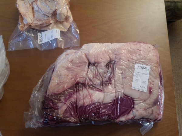 A "Packer Cut Brisket". A American-style cut of beef, from an English cow. Vacuum packed, and perfect, with a nice layer of fat.